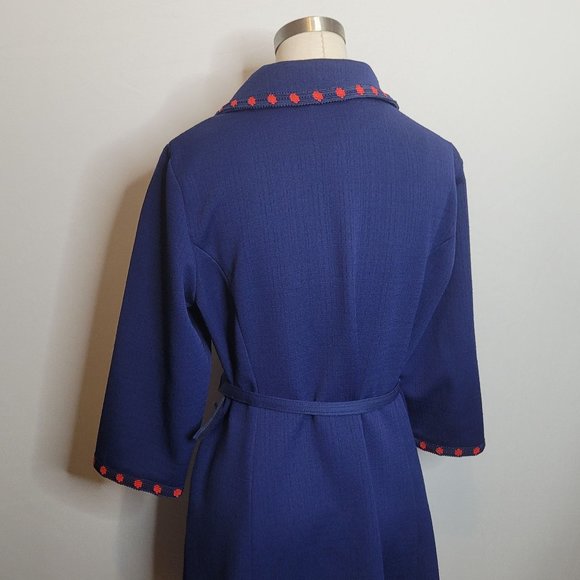 Vintage Dress Damon Dress Navy Blue Red Trim Zip Front Belted Collar 60s Retro - Picture 9 of 13